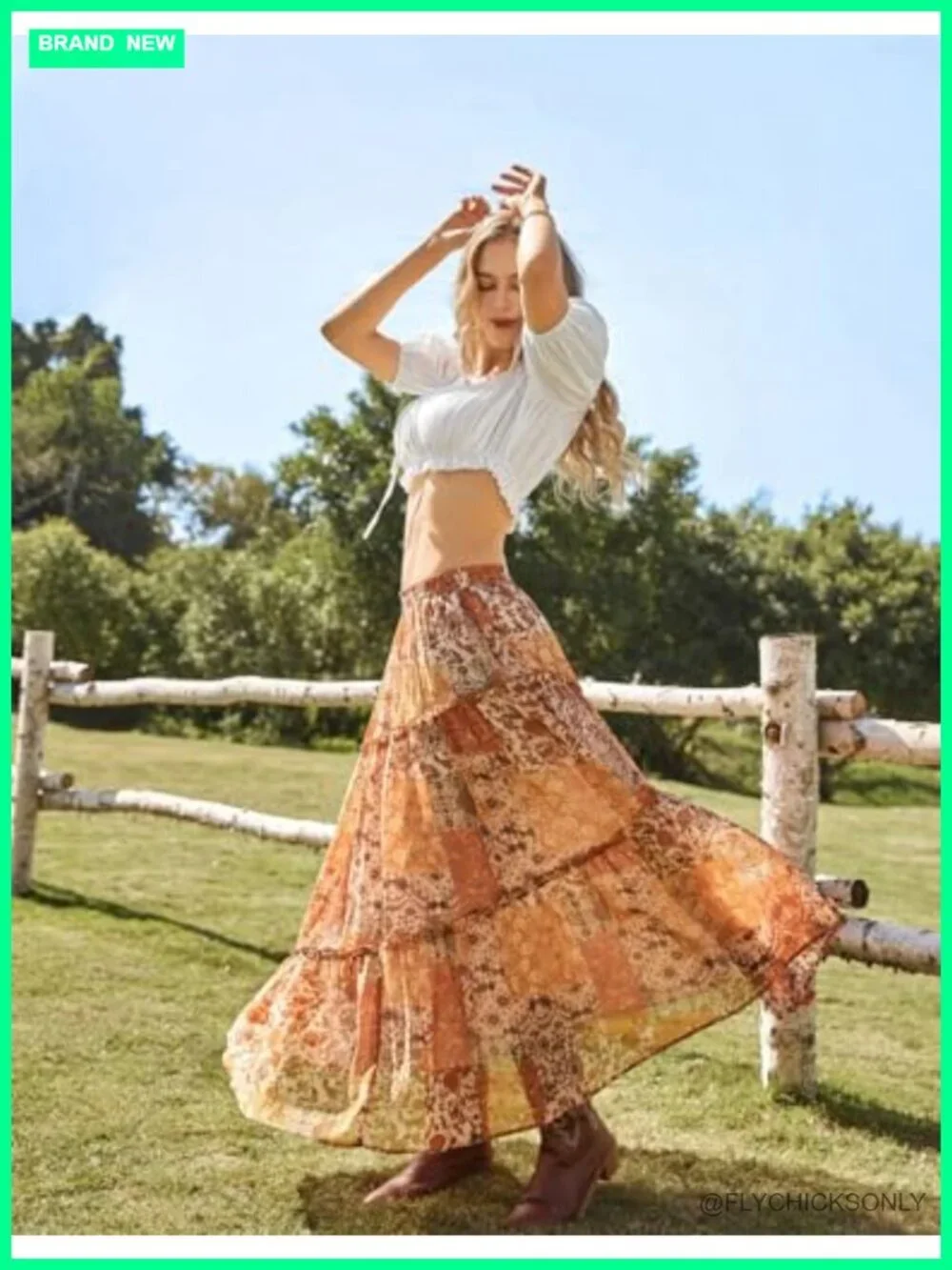 Tiered Flowy Maxi Skirt with Pockets Elastic Waist Boho